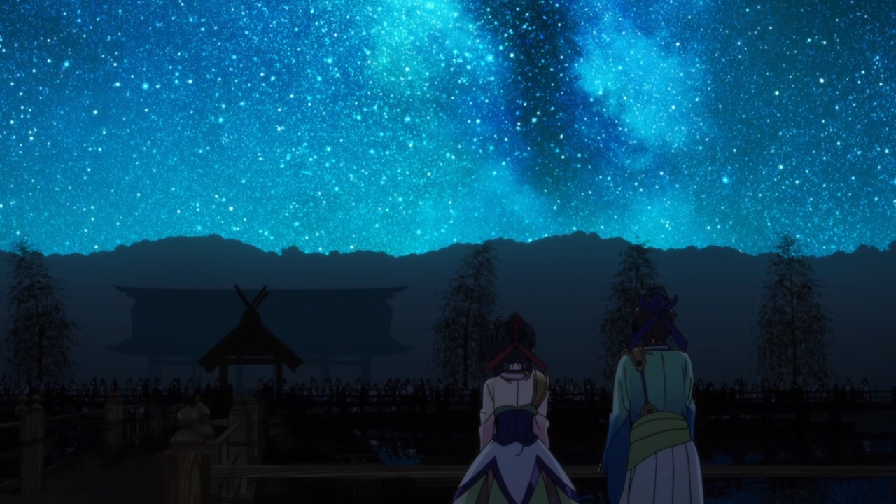 Shiori and Shoma looking out at a night sky ablaze with stars